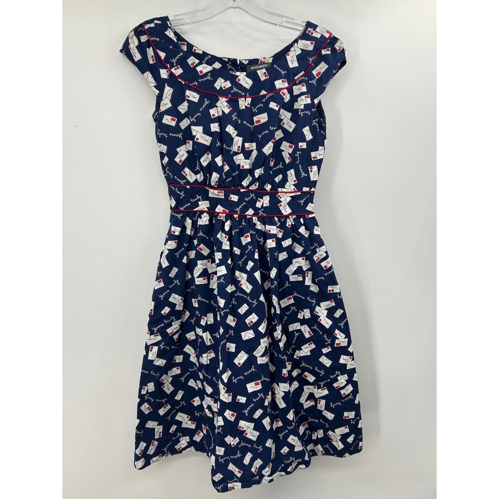 Emily and Fin Navy Blue Love Letter Print Cotton Fit Flare Dress XS UK 8 EU 36
